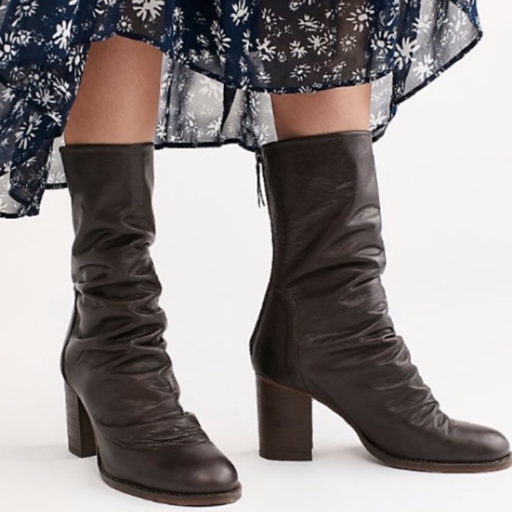 Free People Elle Block Heel Boot Chocolate Brown Leather Ruched Detail Boots NEW - Picture 4 of 16